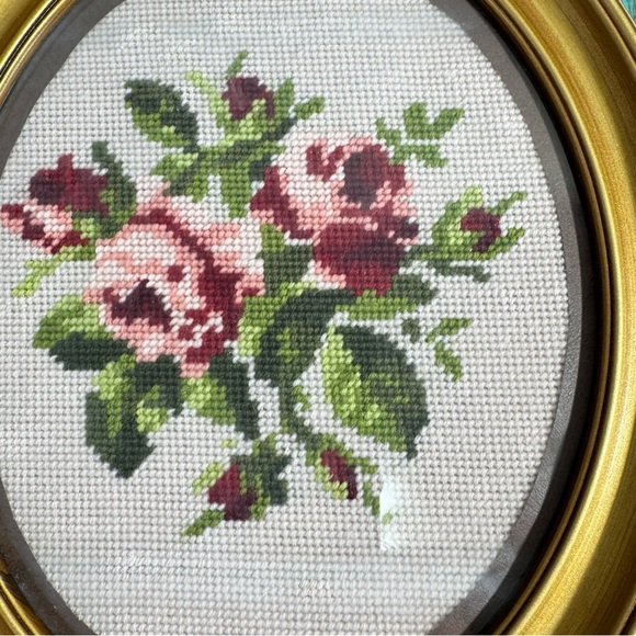 Vintage Cross-Stitch Needlepoint Framed Finished Art Hanging Oval Rose Flower - Picture 6 of 7